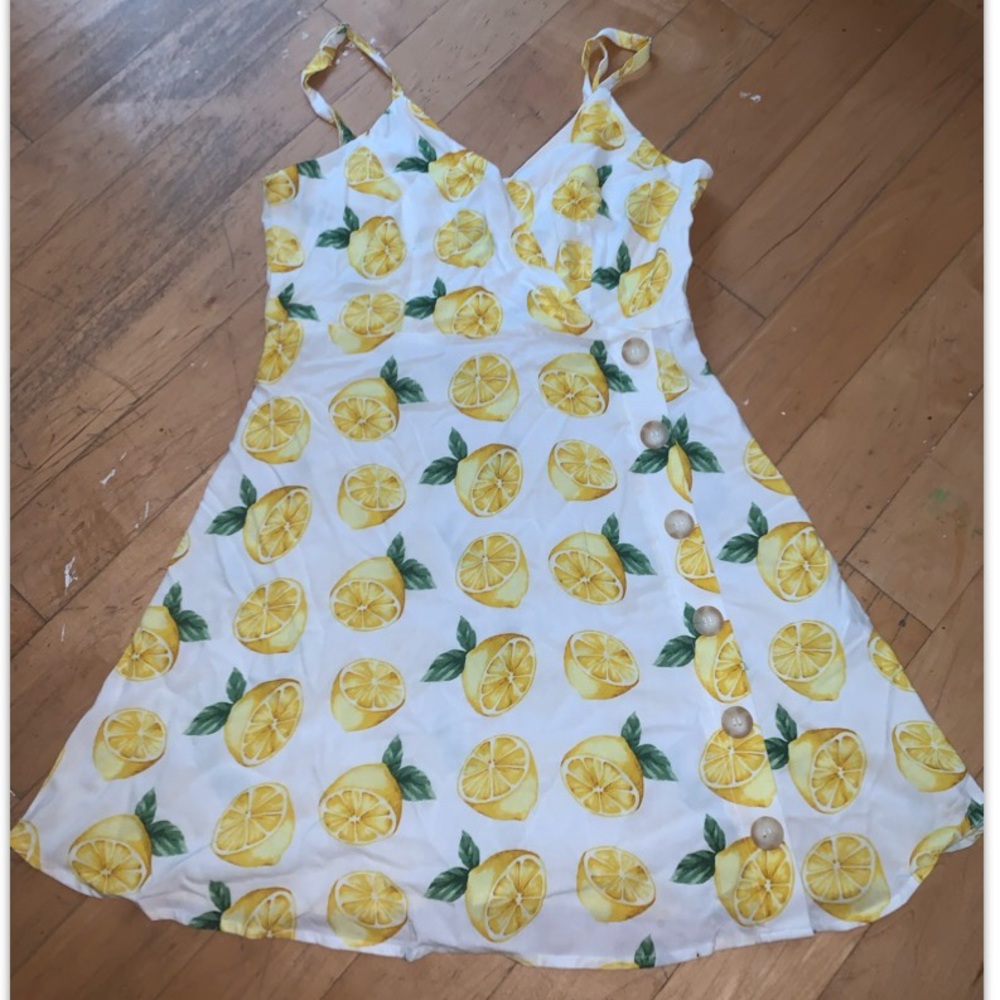 Lemon print dress with button detail